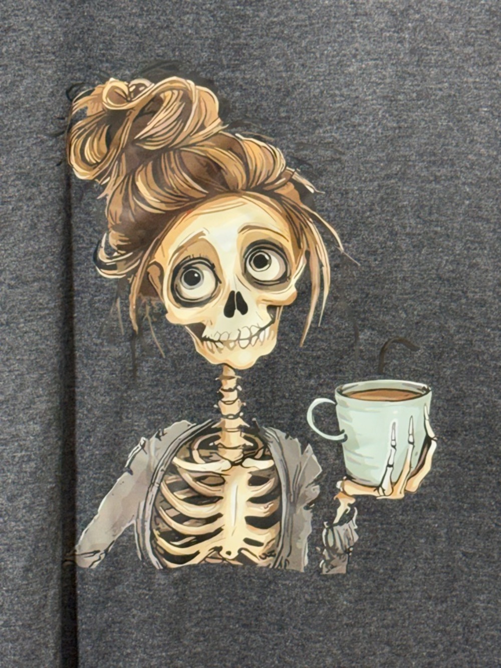 Dark Gray Long Sleeve Tee with Skeleton Girl Coffee Graphic Womens - Picture 2 of 3